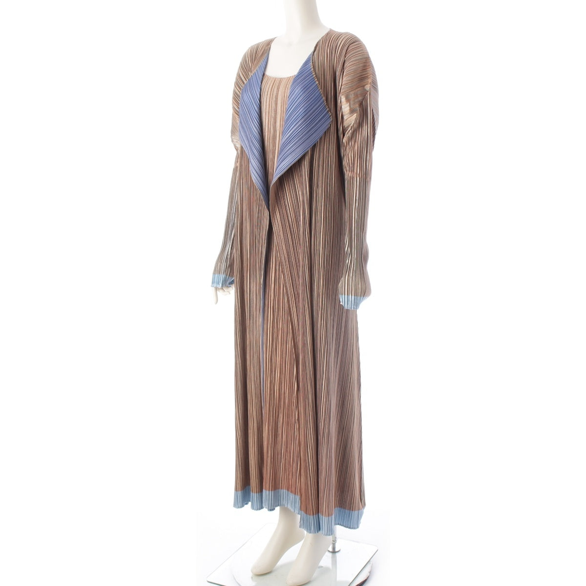 PLEATS PLEASE ISSEY  long one piece setup cardigan PP12-JA114/PP12-JH111 Two-tone Beige Blue 3