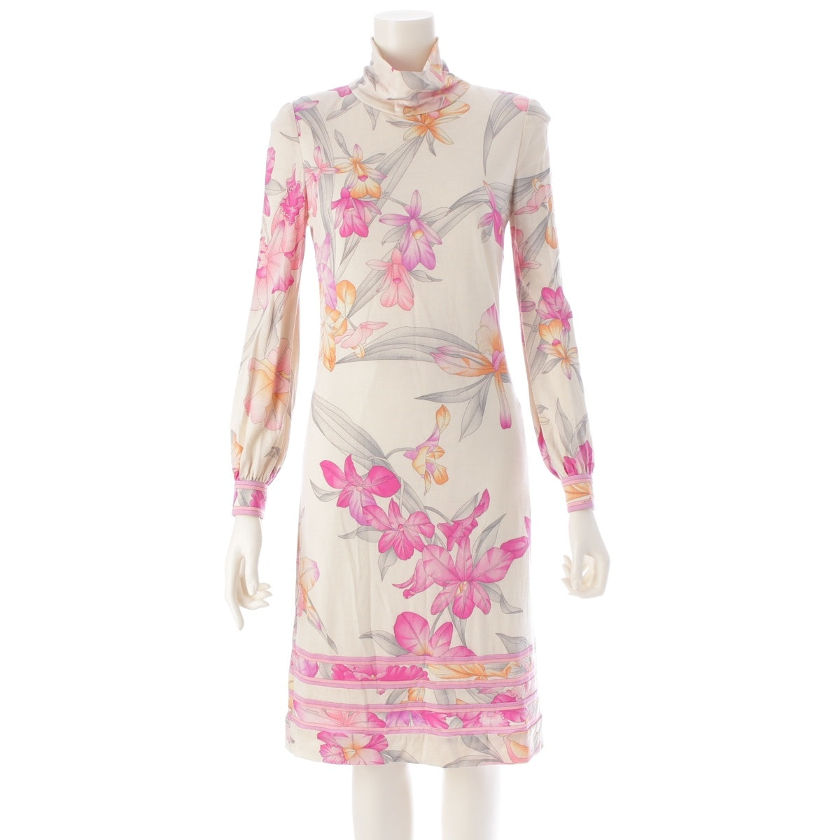 LEONARD wool Stand collar Flower Floral pattern Back zip one piece dress 0380650 beige 34