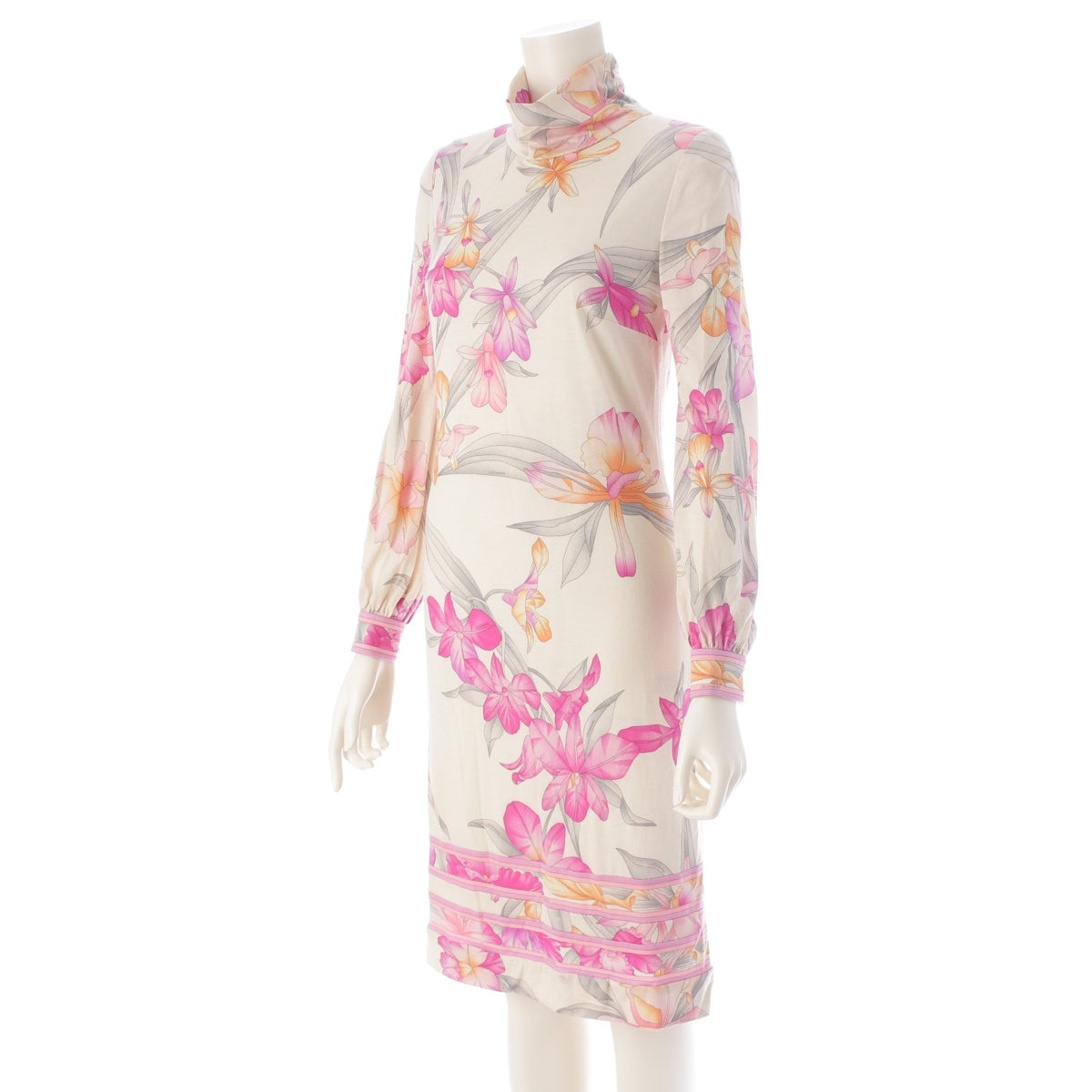 LEONARD wool Stand collar Flower Floral pattern Back zip one piece dress 0380650 beige 34