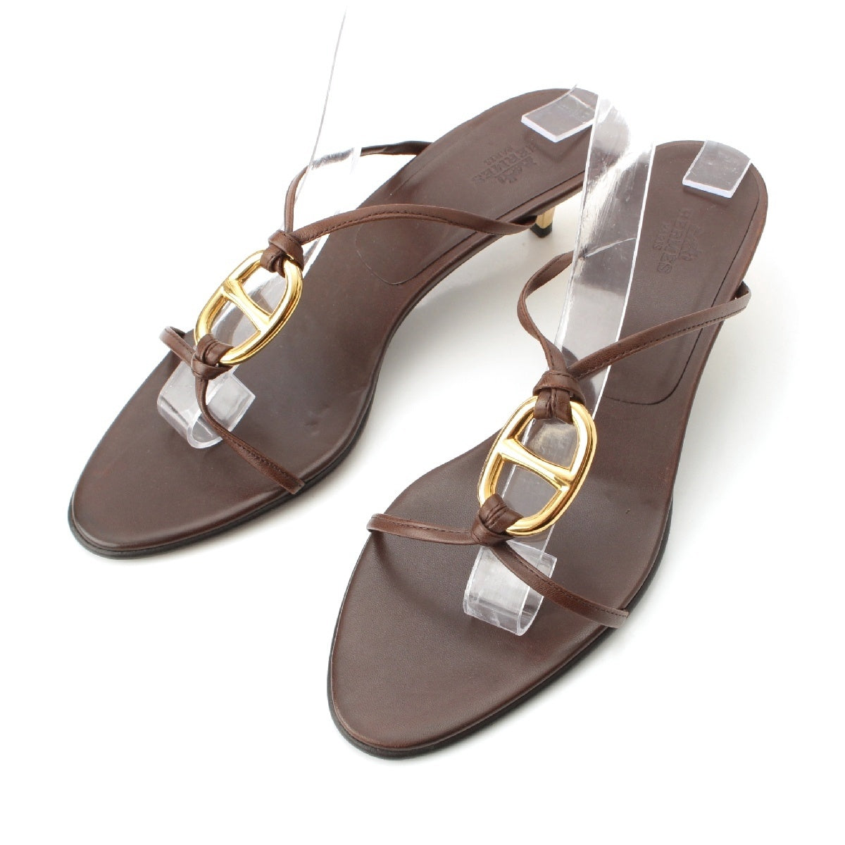HERMES leather Gold Chaine d'Ancre heels Sandals Brown 38 1/2