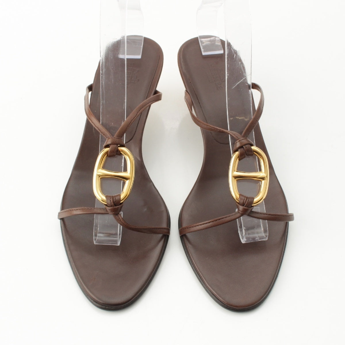 HERMES leather Gold Chaine d'Ancre heels Sandals Brown 38 1/2