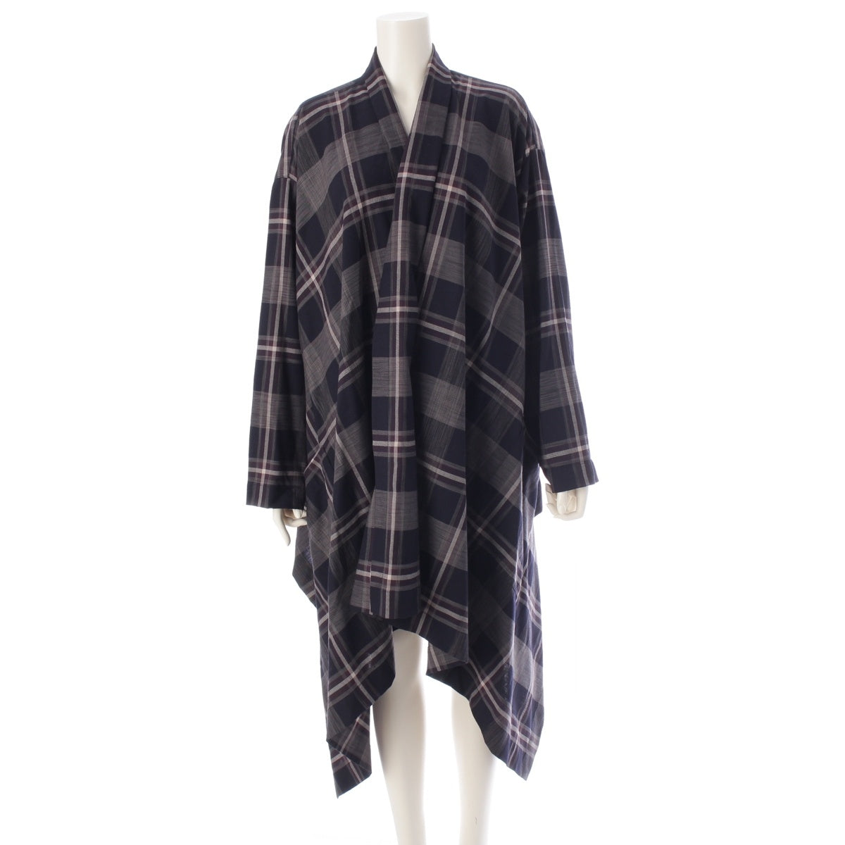 ISSEY MIYAKE Permanente wool Check Pattern Modified Gown outer coat GG63039 Gray navy M