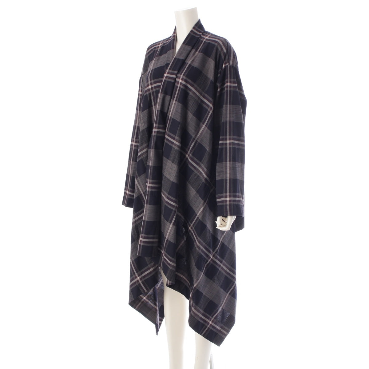 ISSEY MIYAKE Permanente wool Check Pattern Modified Gown outer coat GG63039 Gray navy M