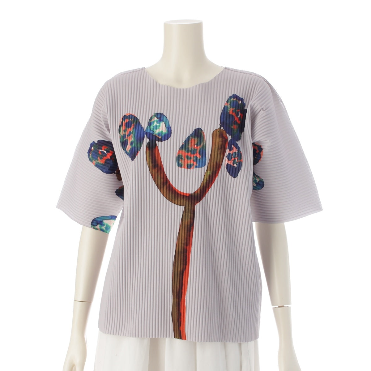 me ISSEY MIYAKE WATER FLOWER FINE KNIT PLEATS SHORT SLEEVE tops MI42KK641 Gray x white ‐