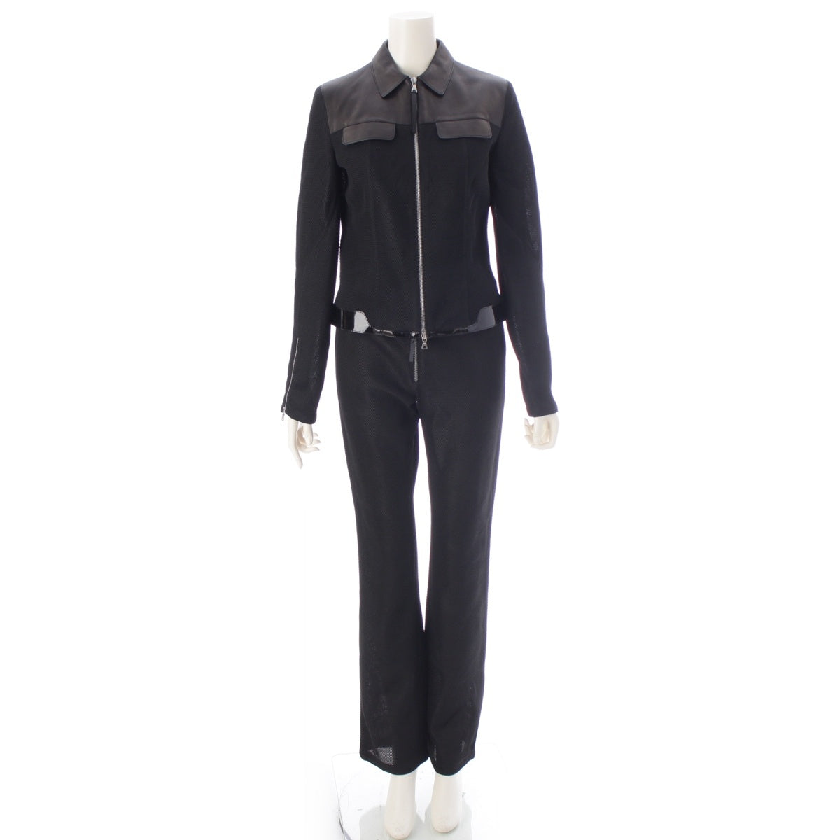 PRADA leather Archive Mesh Patent Switching Pants setup Jacket black 40