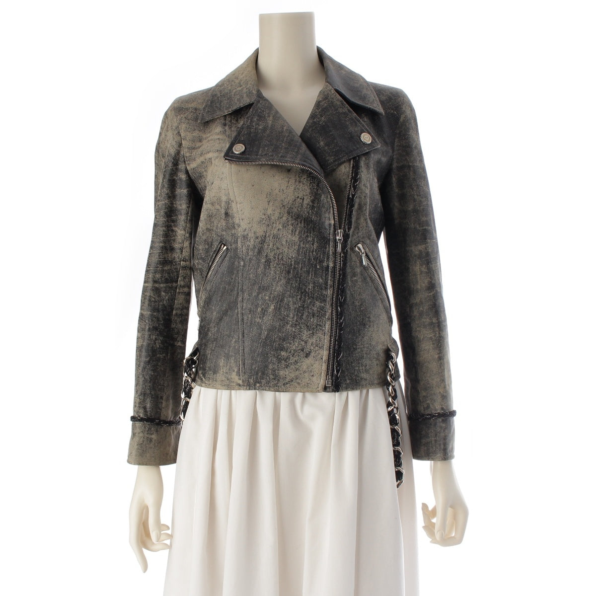CHANEL leather Double rider jacket with distressed finish Blouson P28728 Black Grey 38
