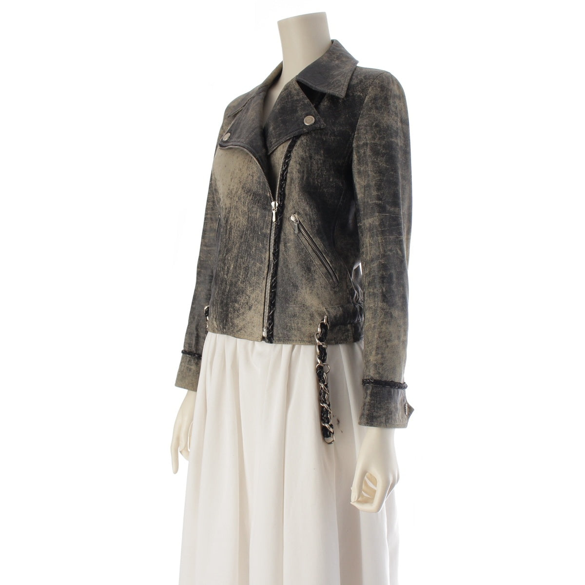 CHANEL leather Double rider jacket with distressed finish Blouson P28728 Black Grey 38