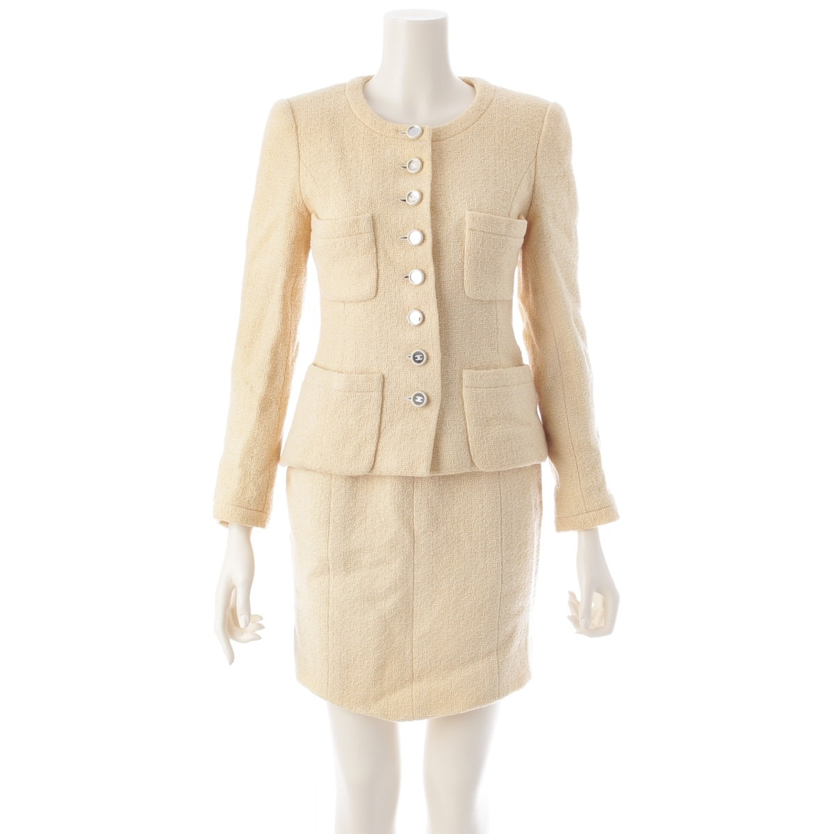 CHANEL wool Tweed COCO Button Mirror Collarless Jacket Skirt setup suit yellow