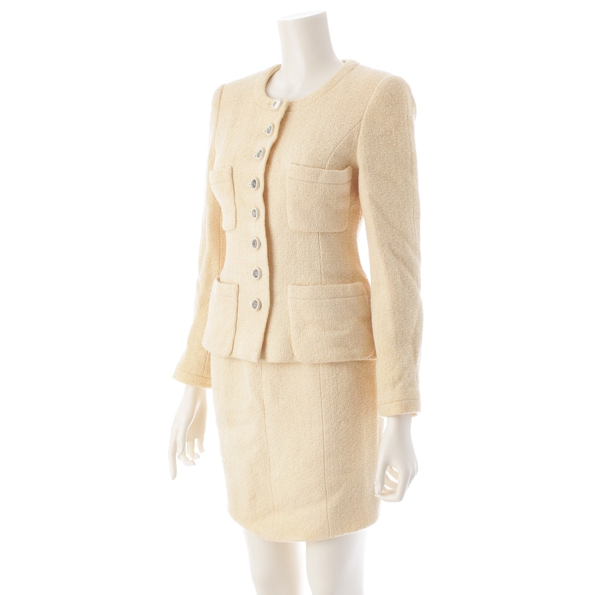 CHANEL wool Tweed COCO Button Mirror Collarless Jacket Skirt setup suit yellow