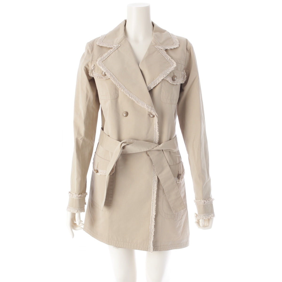 CHANEL silk cotton Tweed frill belt trench coat outer P38356 beige 38