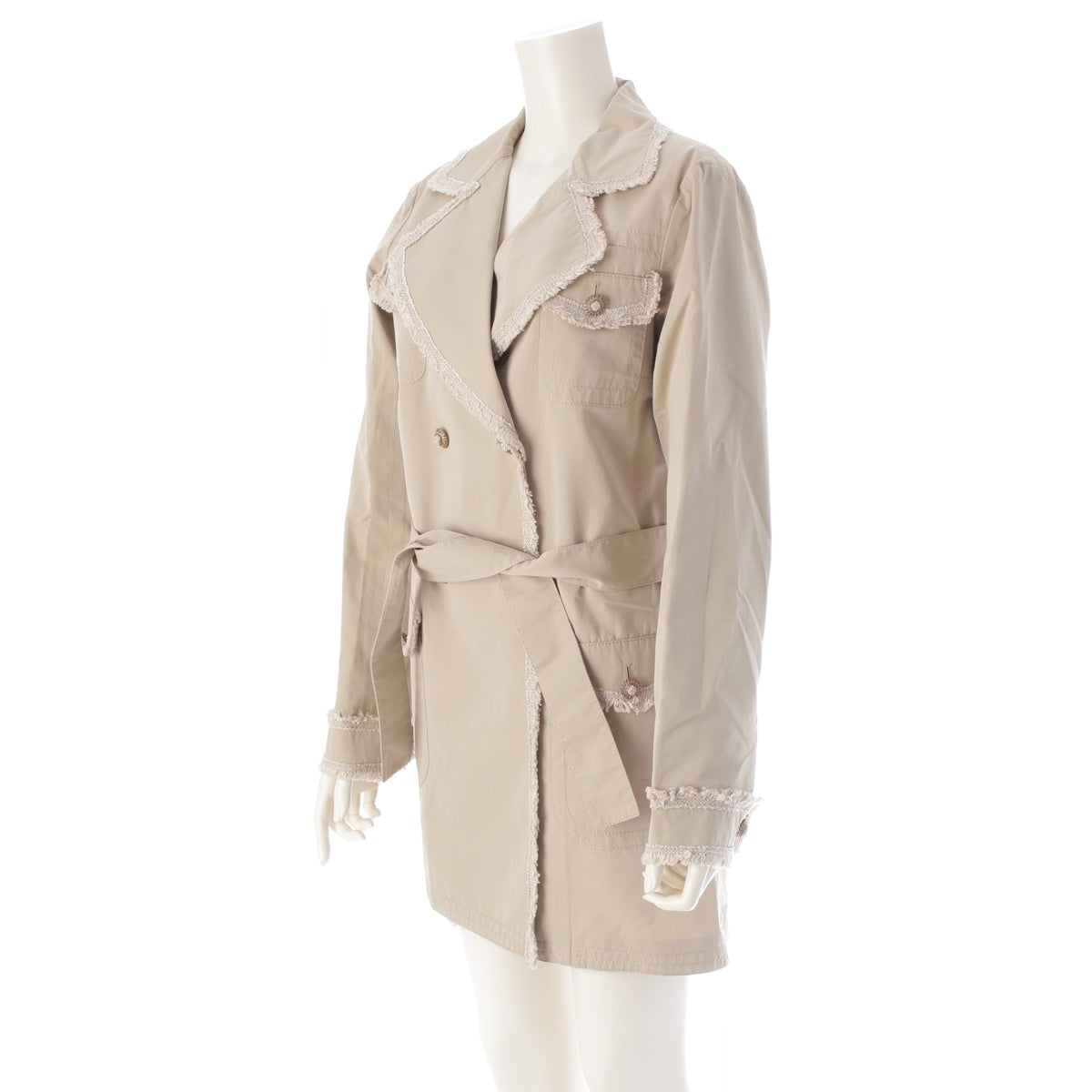 CHANEL silk cotton Tweed frill belt trench coat outer P38356 beige 38