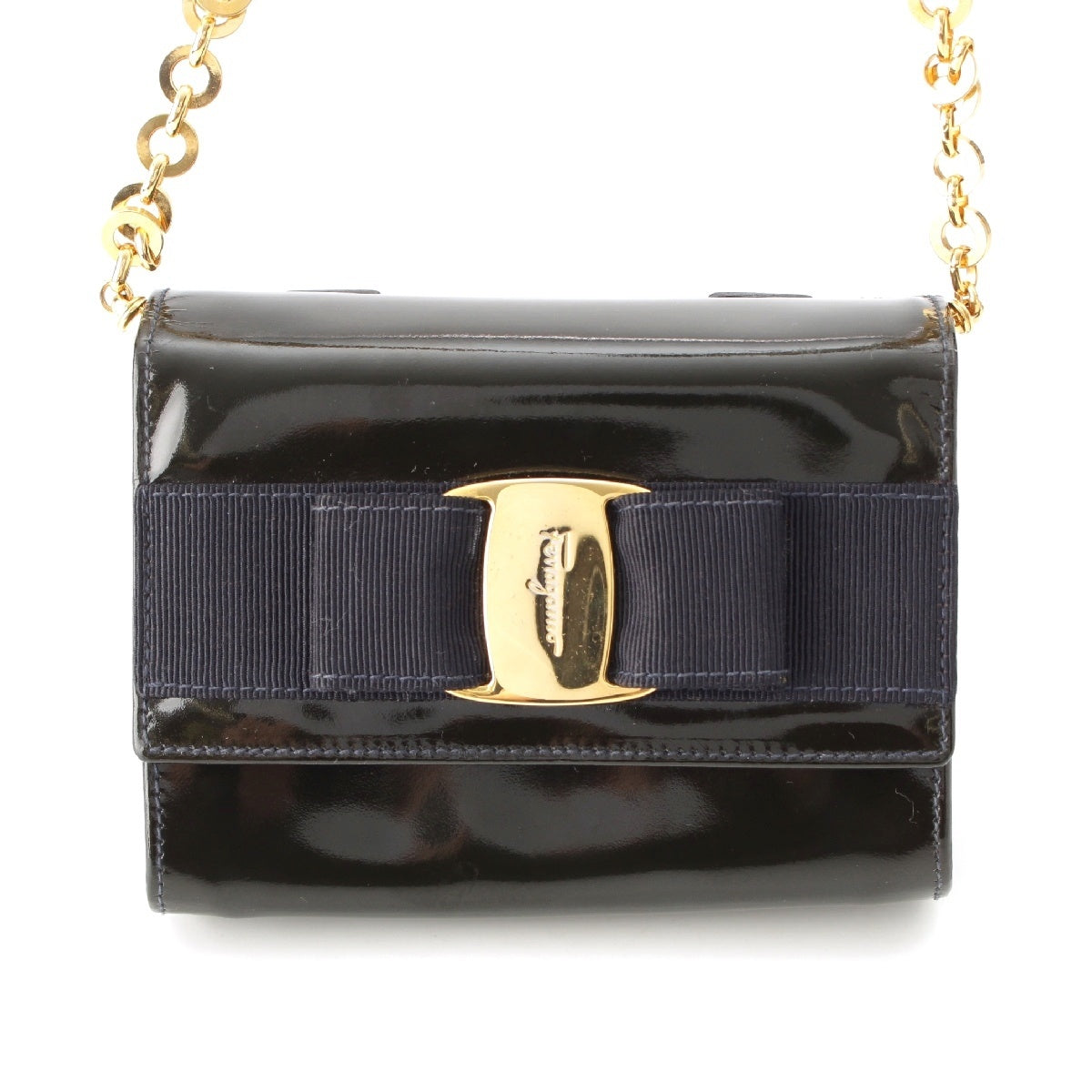 Salvatore Ferragamo Vala Patent leather Ribbon Mini Chain Shoulder Bag Pouch black