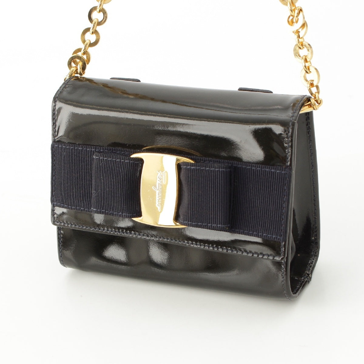 Salvatore Ferragamo Vala Patent leather Ribbon Mini Chain Shoulder Bag Pouch black