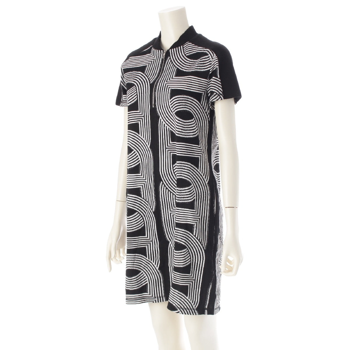 HERMES 21Stainless Steel cotton Chaine d'Ancre short sleeve half zip knit one piece Black White 36