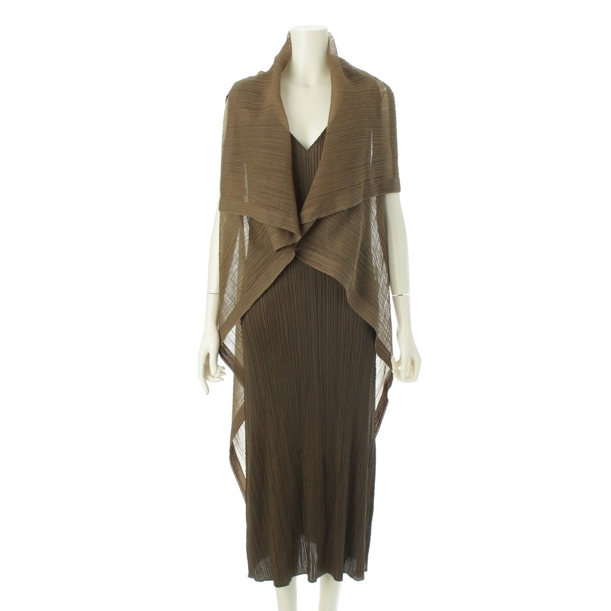 PLEATS PLEASE ISSEY  Cardigan docking one piece Tops Long Skirts PP13-JH512 Khaki green 4