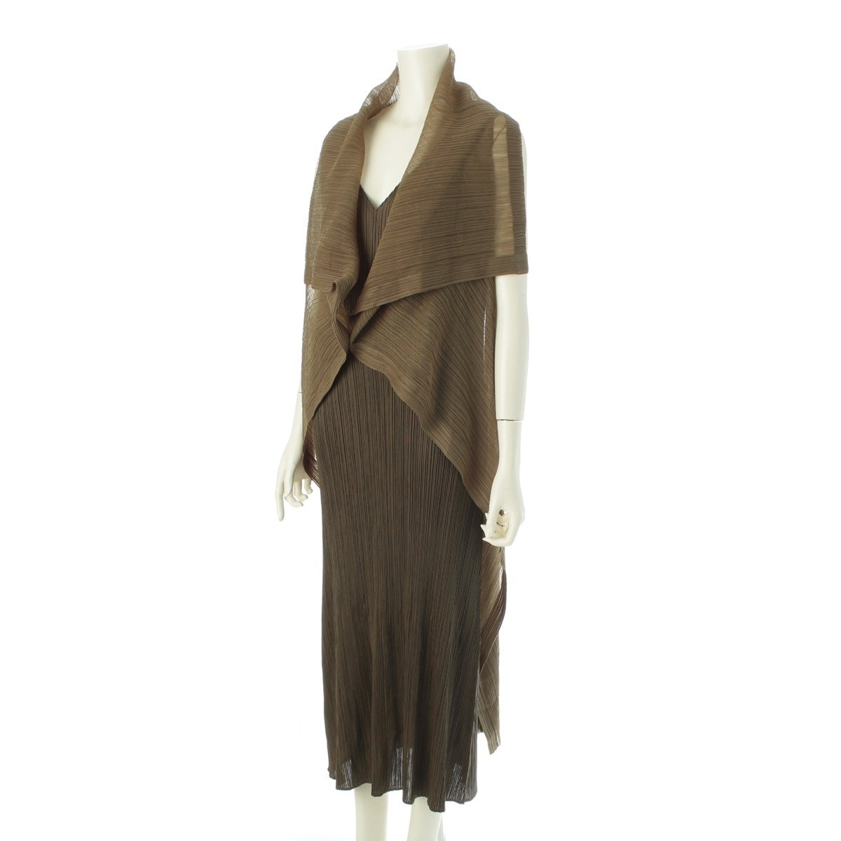 PLEATS PLEASE ISSEY  Cardigan docking one piece Tops Long Skirts PP13-JH512 Khaki green 4