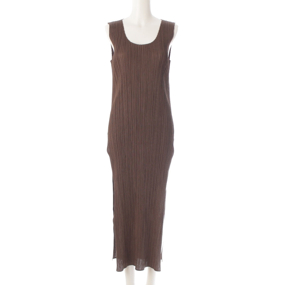 PLEATS PLEASE ISSEY  Crew neck Sleeveless Side slit Long one piece tops skirts PP83-JH194 Khaki green 4