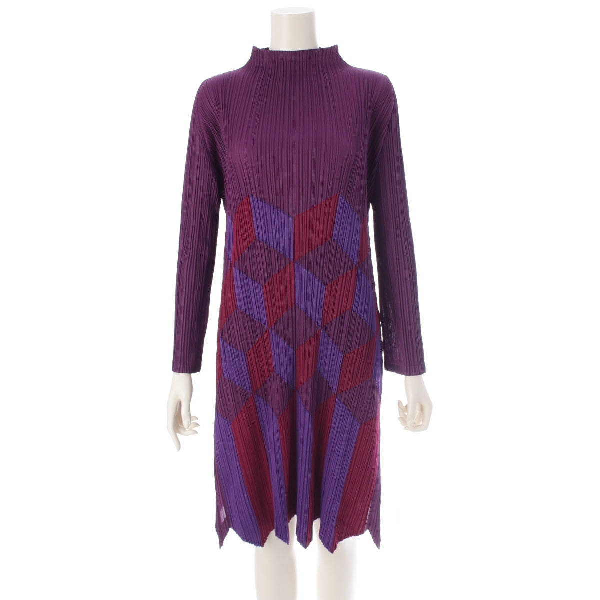 PLEATS PLEASE ISSEY  Color Block Arrow Pattern Bottle Neck Long Sleeve Long one piece dress PP73-JT663 Purple multicolor 4
