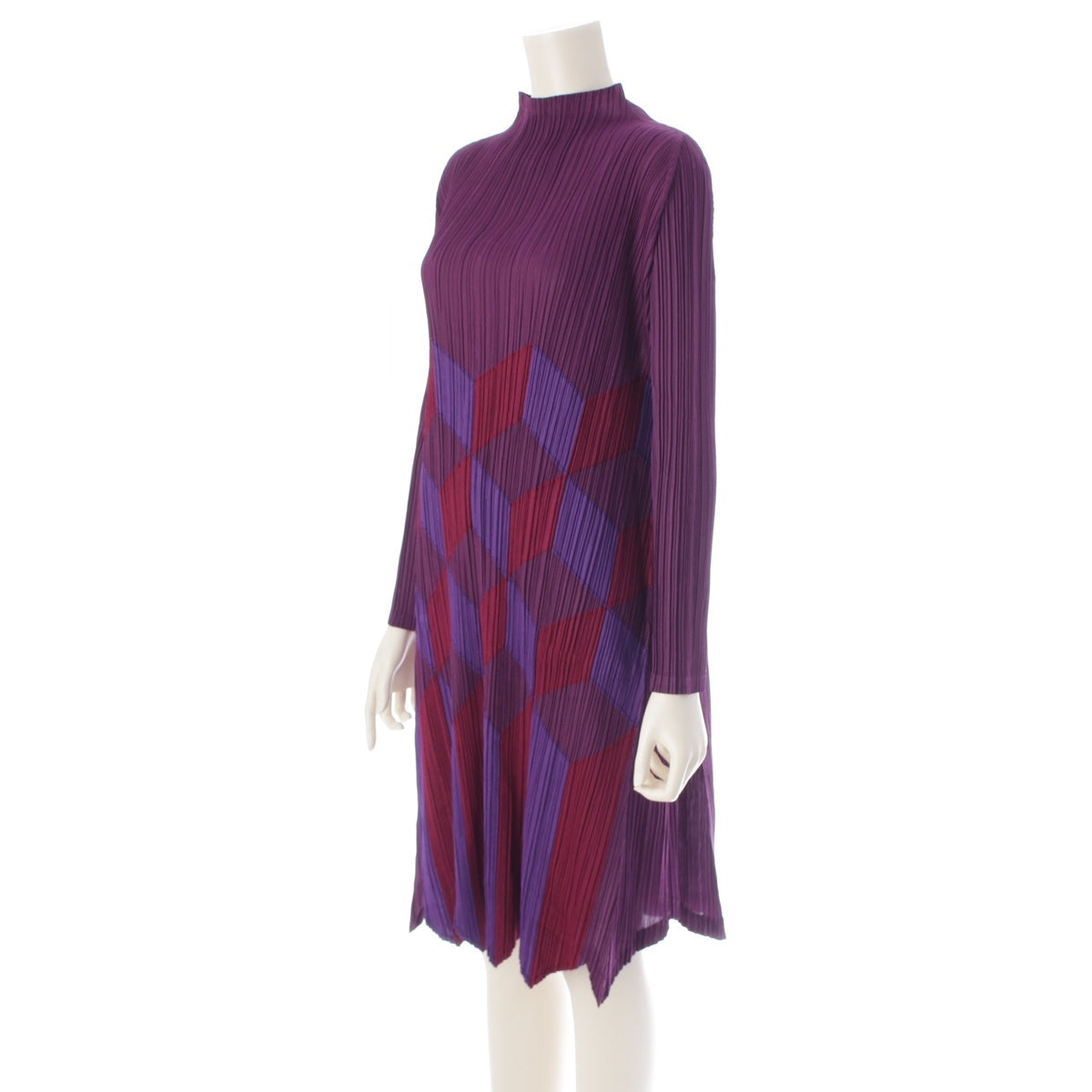 PLEATS PLEASE ISSEY  Color Block Arrow Pattern Bottle Neck Long Sleeve Long one piece dress PP73-JT663 Purple multicolor 4