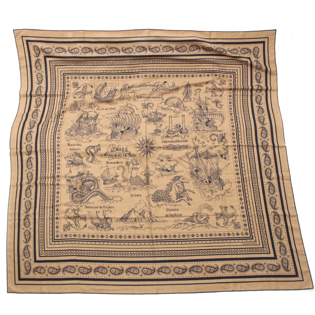HERMES cashmere silk Carre Jean Carre 140 Tattoos Marines Bandana Sailor Tattoo Large Scarf Stall Brown