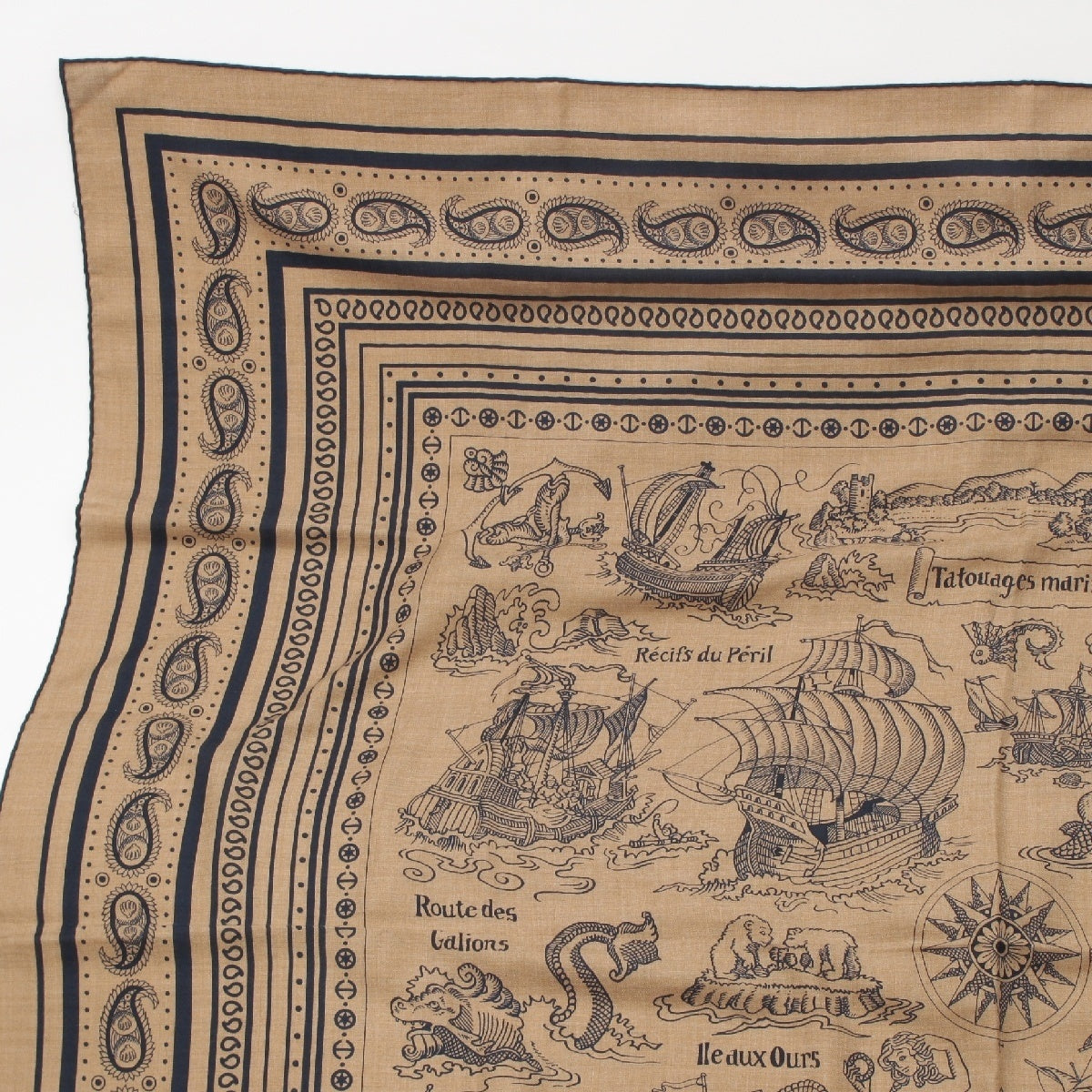 HERMES cashmere silk Carre Jean Carre 140 Tattoos Marines Bandana Sailor Tattoo Large Scarf Stall Brown