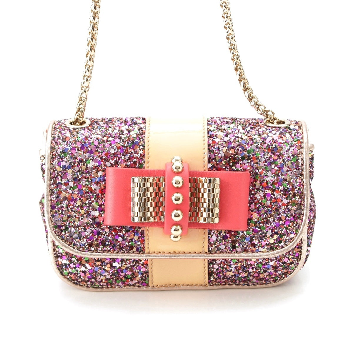Christian Louboutin Sweet Charity Ribbon Studs Sequins Party Bag Chain Shoulder Bag pink