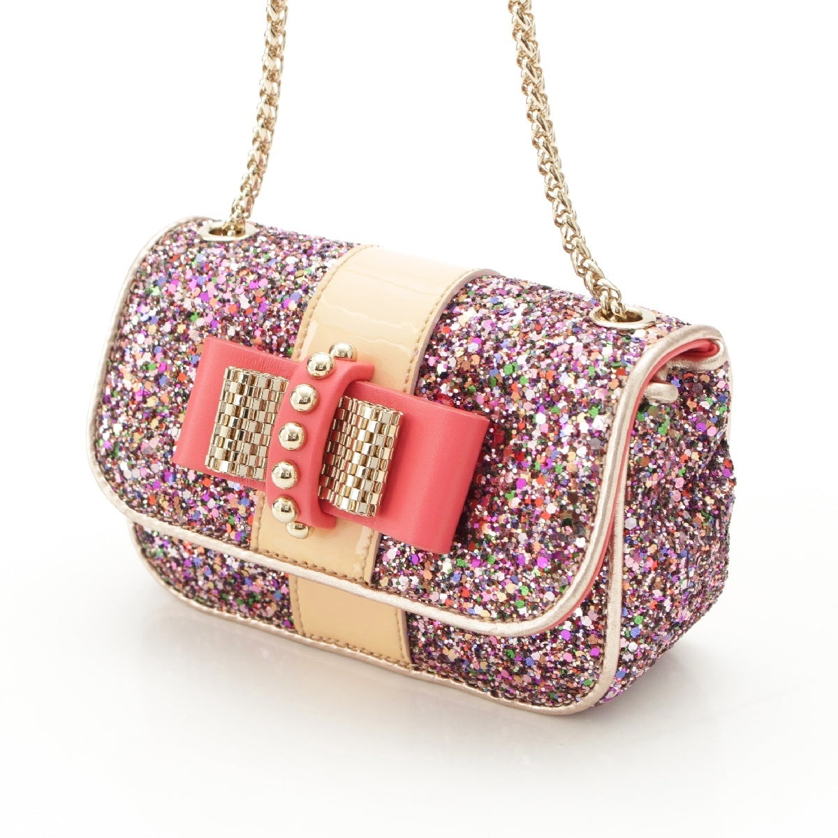 Christian Louboutin Sweet Charity Ribbon Studs Sequins Party Bag Chain Shoulder Bag pink