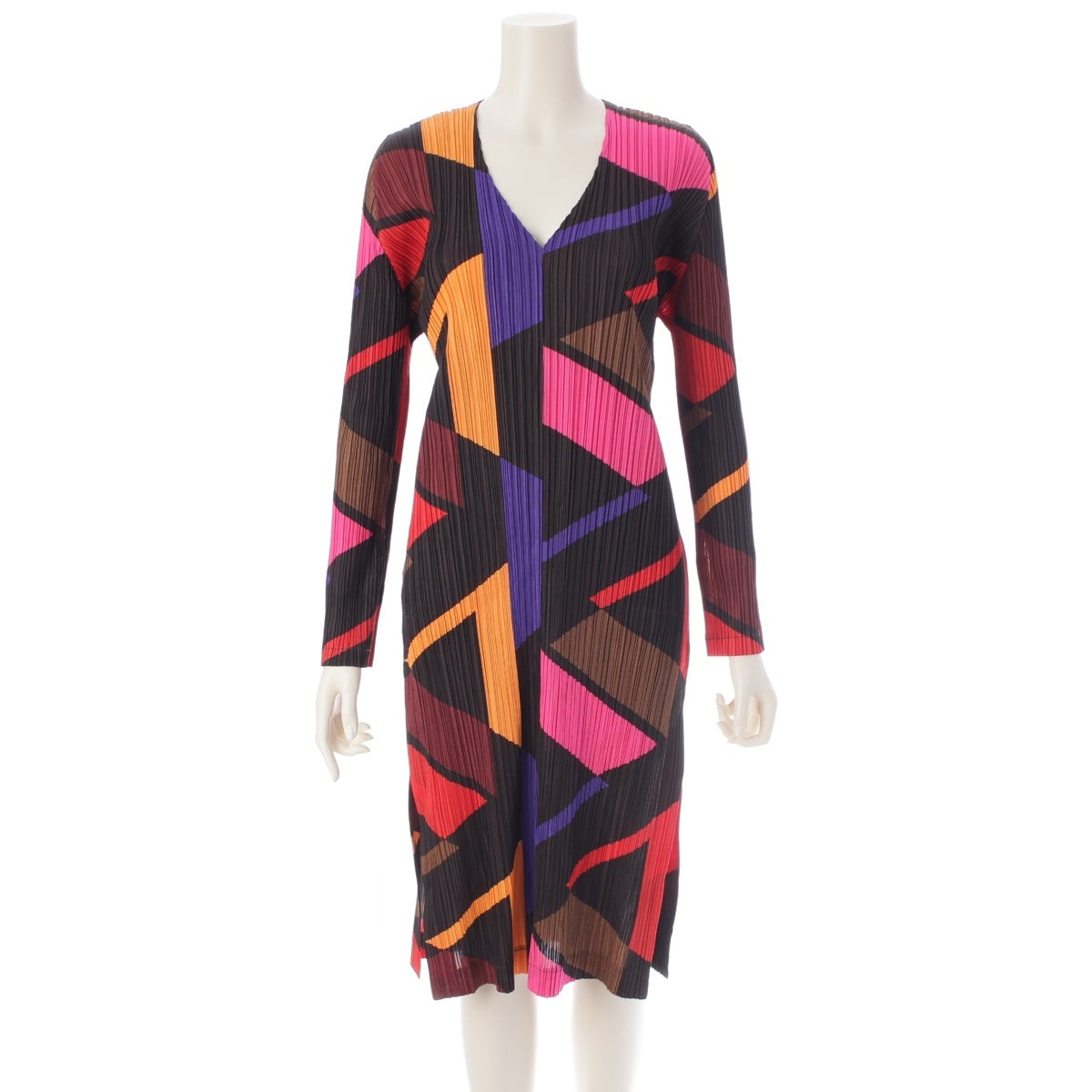 PLEATS PLEASE ISSEY  Geometric Slit V-neck Long Sleeve one piece dress PP73-JH726 Black multicolor 5