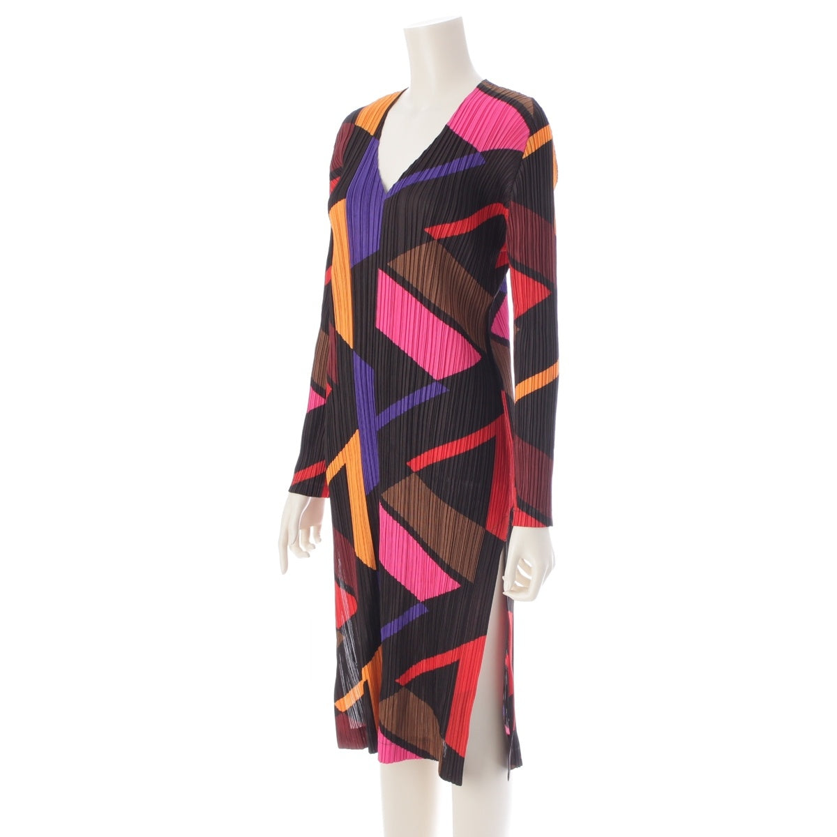 PLEATS PLEASE ISSEY  Geometric Slit V-neck Long Sleeve one piece dress PP73-JH726 Black multicolor 5