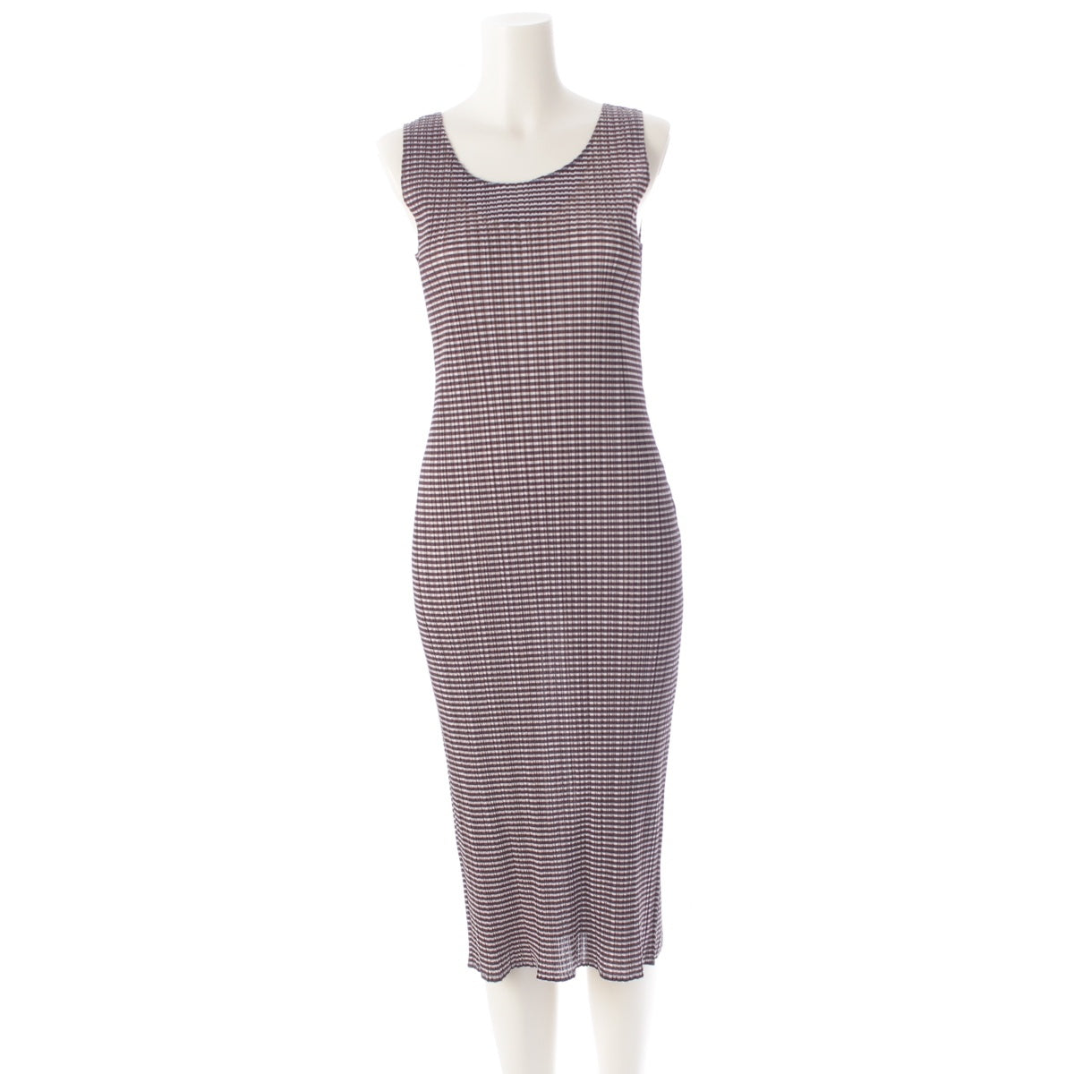 PLEATS PLEASE ISSEY  sleeveless check pattern one piece dress PP01-JH654 White brown black 4