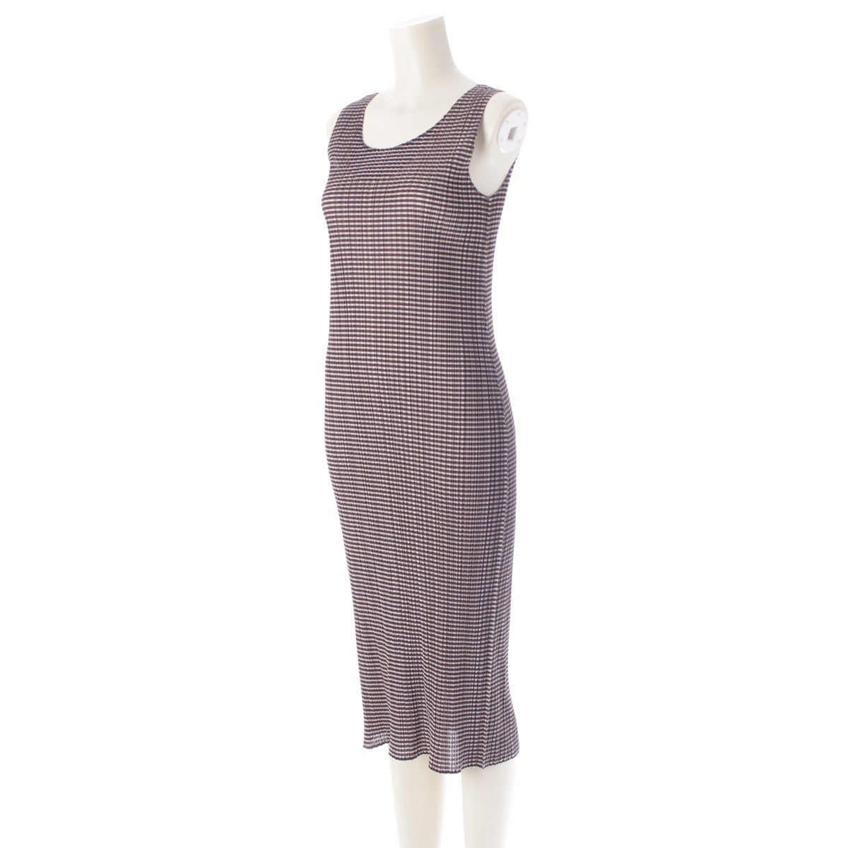 PLEATS PLEASE ISSEY  sleeveless check pattern one piece dress PP01-JH654 White brown black 4