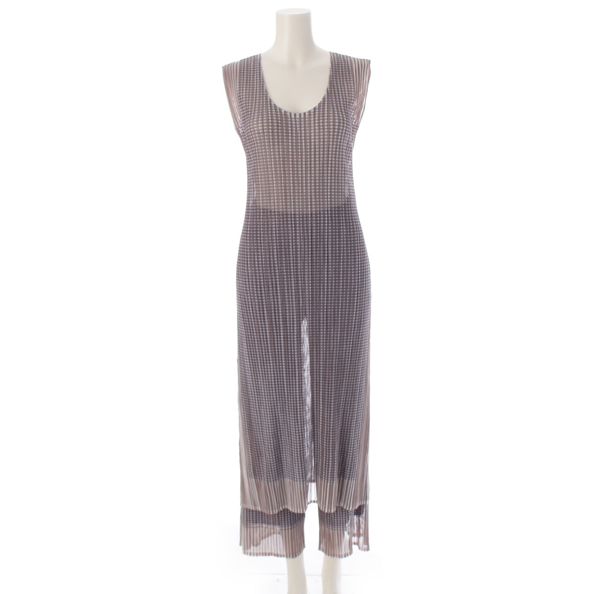 PLEATS PLEASE ISSEY  Multi-stripe mesh sleeveless Pants setup PP01-JH654/PP01-JF651 Gray beige 4