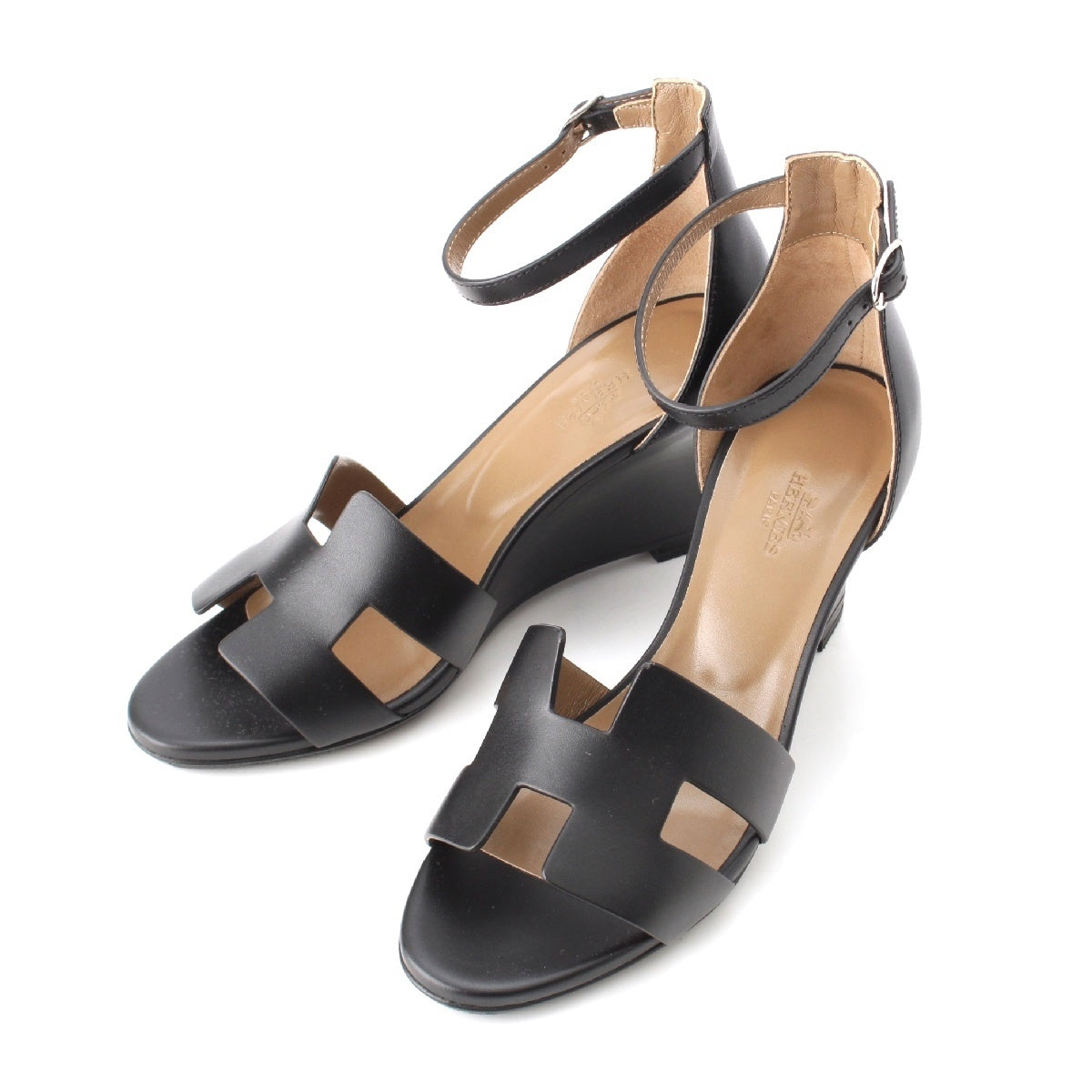 HERMES legend leather Wedges Straps Heels Sandals black 38