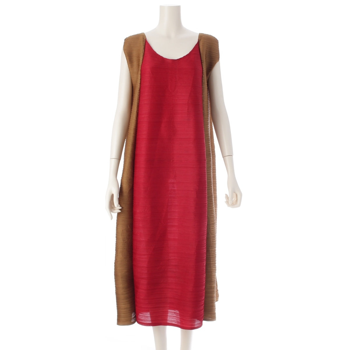 PLEATS PLEASE ISSEY  Horizontal Pleated Bounce Bicolor Sleeveless one piece dress PP21-JH512 Red Gold Ochre 3