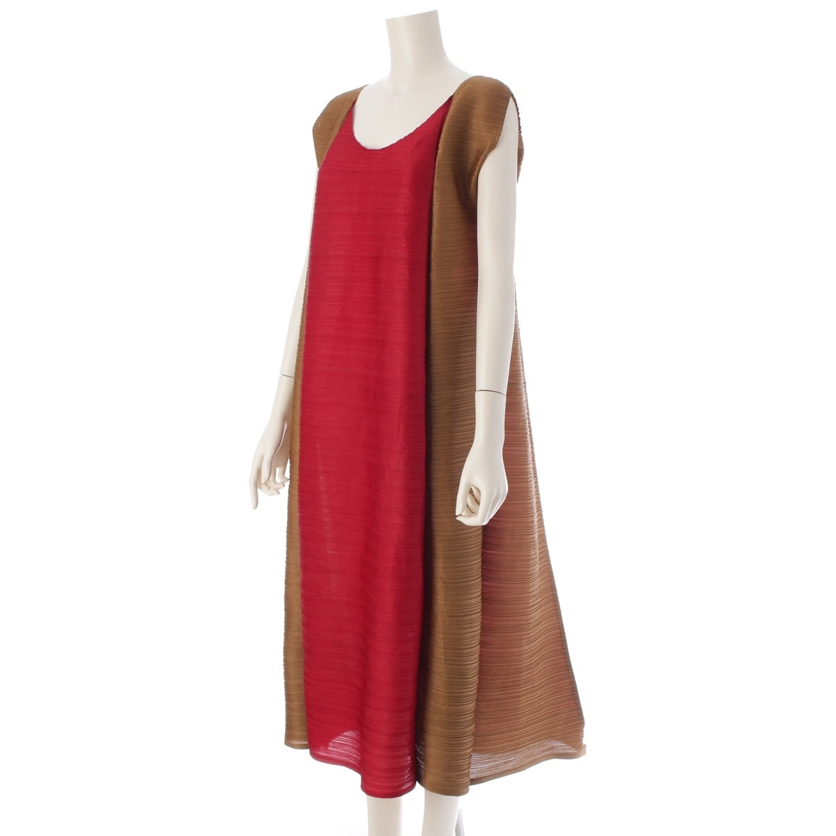 PLEATS PLEASE ISSEY  Horizontal Pleated Bounce Bicolor Sleeveless one piece dress PP21-JH512 Red Gold Ochre 3