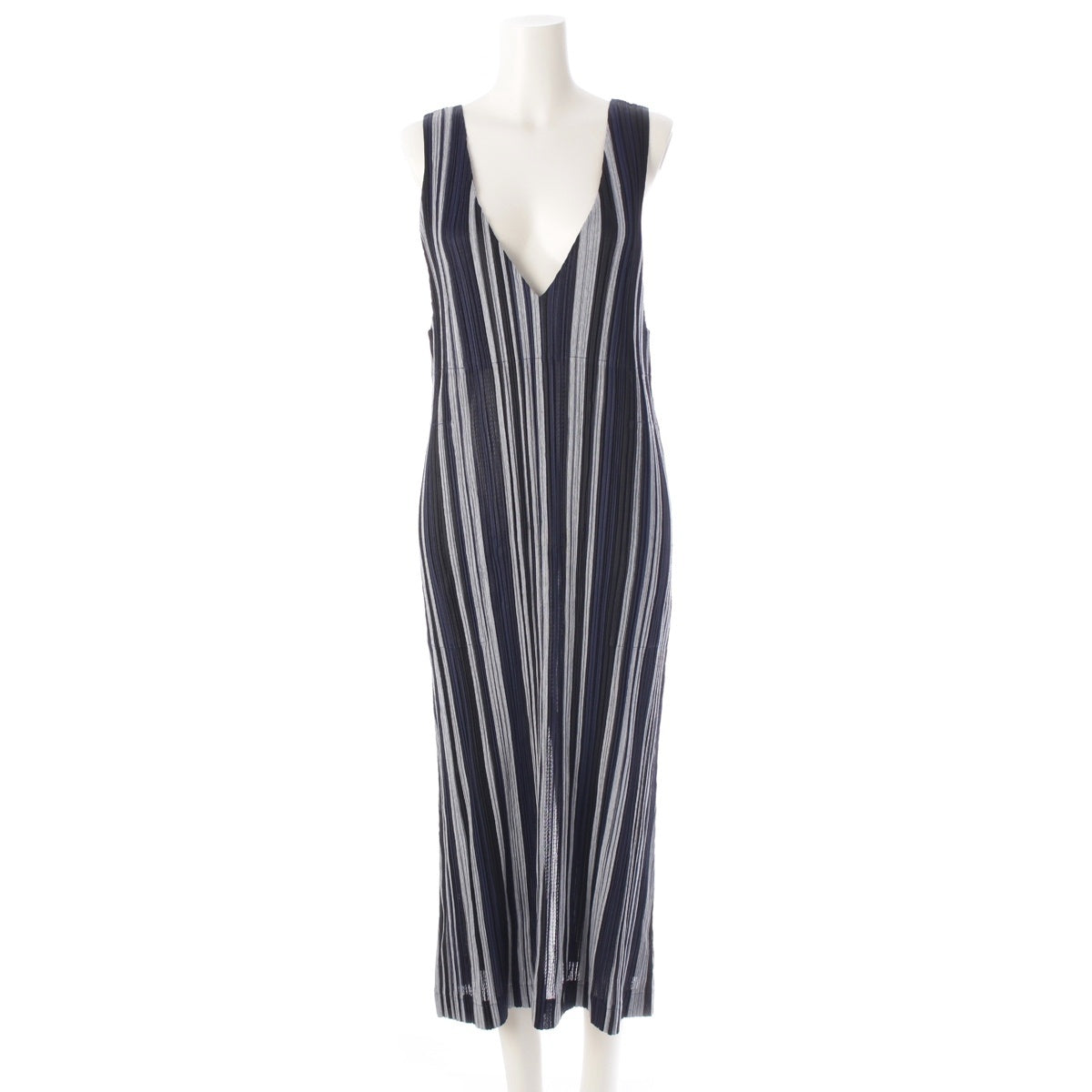 PLEATS PLEASE ISSEY cotton Multi-stripe Sleeveless V-neck Slit one piece tops PP81-JH525 Navy Black Grey 3