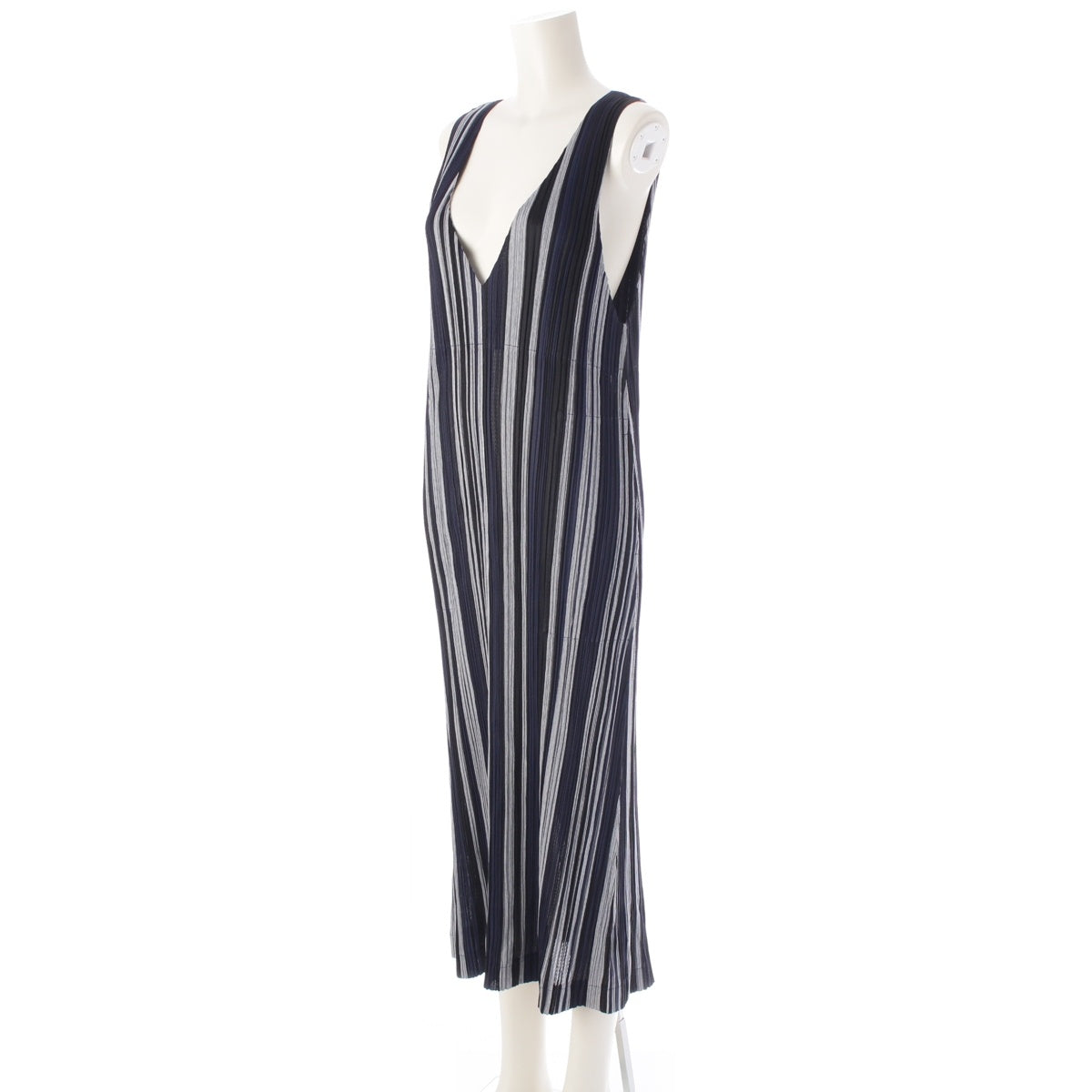 PLEATS PLEASE ISSEY cotton Multi-stripe Sleeveless V-neck Slit one piece tops PP81-JH525 Navy Black Grey 3