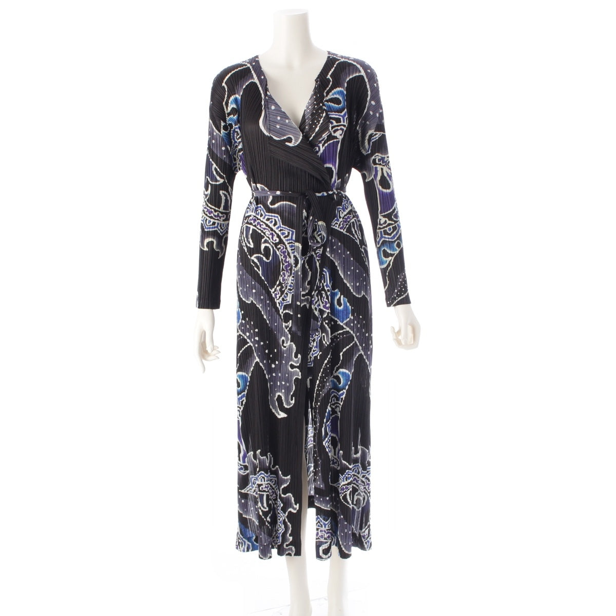 PLEATS PLEASE ISSEY Nebuta Flame Festival Japanese Pattern Long Waist Belt cardigan coat PP91-JA652 Black Blue 3