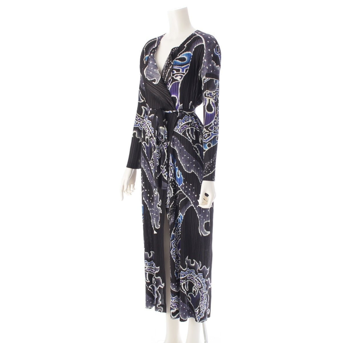 PLEATS PLEASE ISSEY Nebuta Flame Festival Japanese Pattern Long Waist Belt cardigan coat PP91-JA652 Black Blue 3