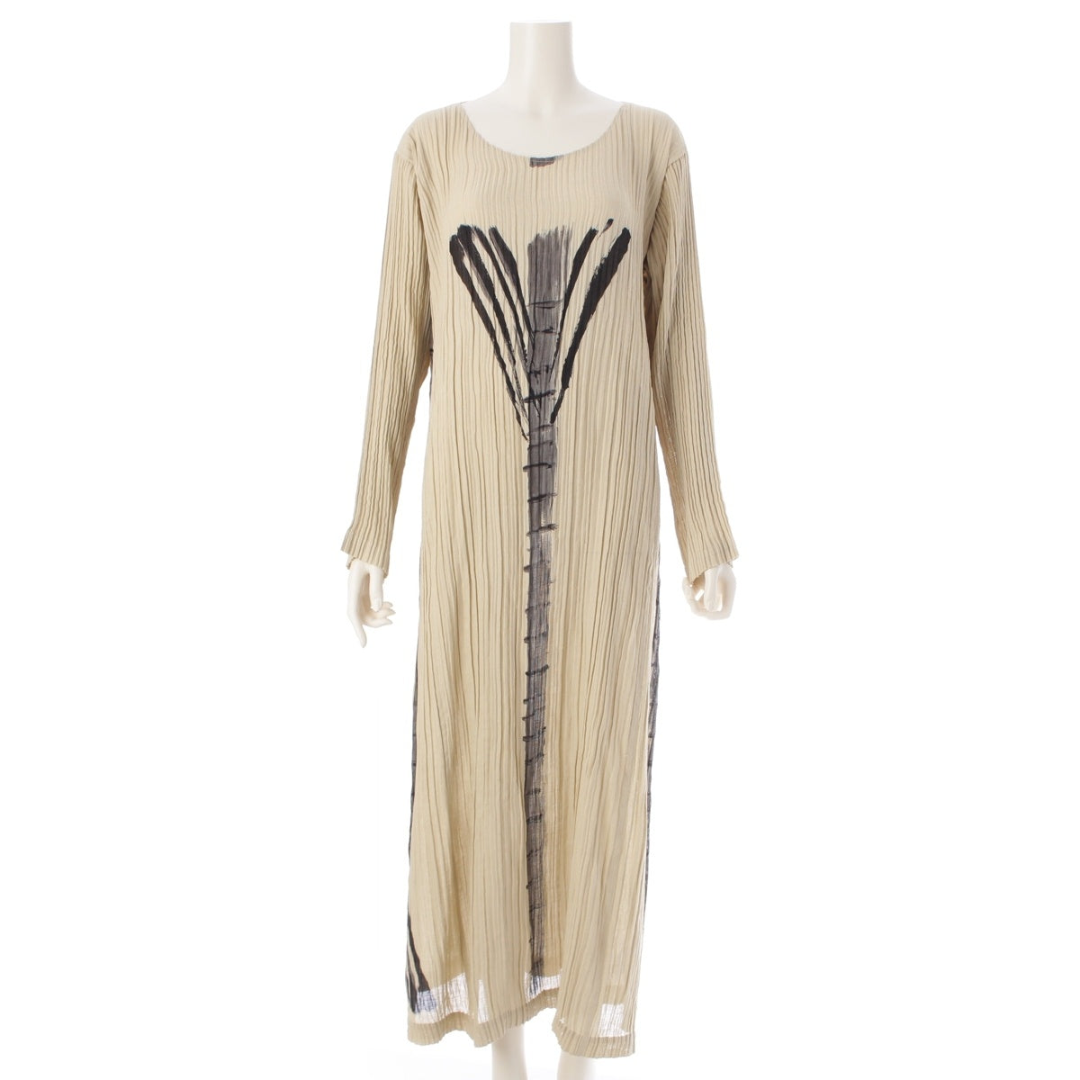 ISSEY MIYAKE Bamboo Print Pleated Long Sleeve Long one piece dress IM71-FH805 Beige x gray M