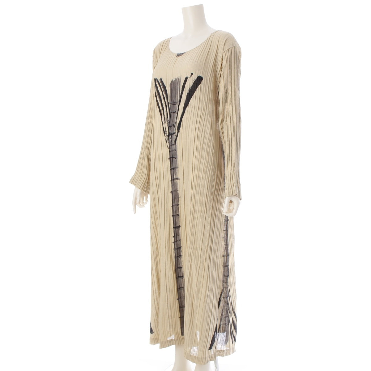 ISSEY MIYAKE Bamboo Print Pleated Long Sleeve Long one piece dress IM71-FH805 Beige x gray M