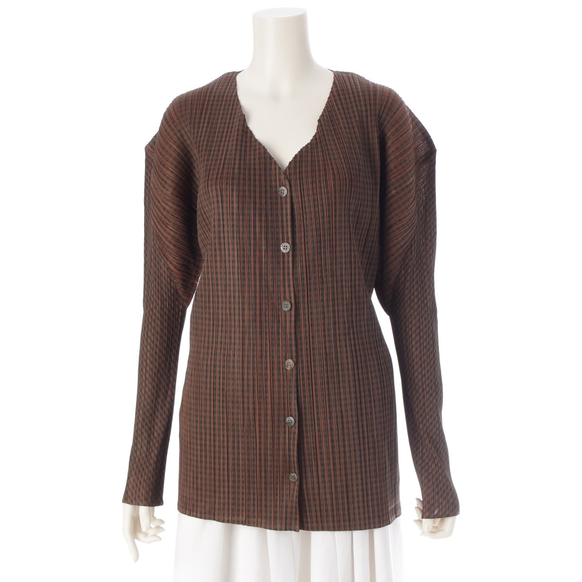 PLEATS PLEASE ISSEY Check Pattern Long Sleeve cardigan tops PP54-JD646 Brown x black 4