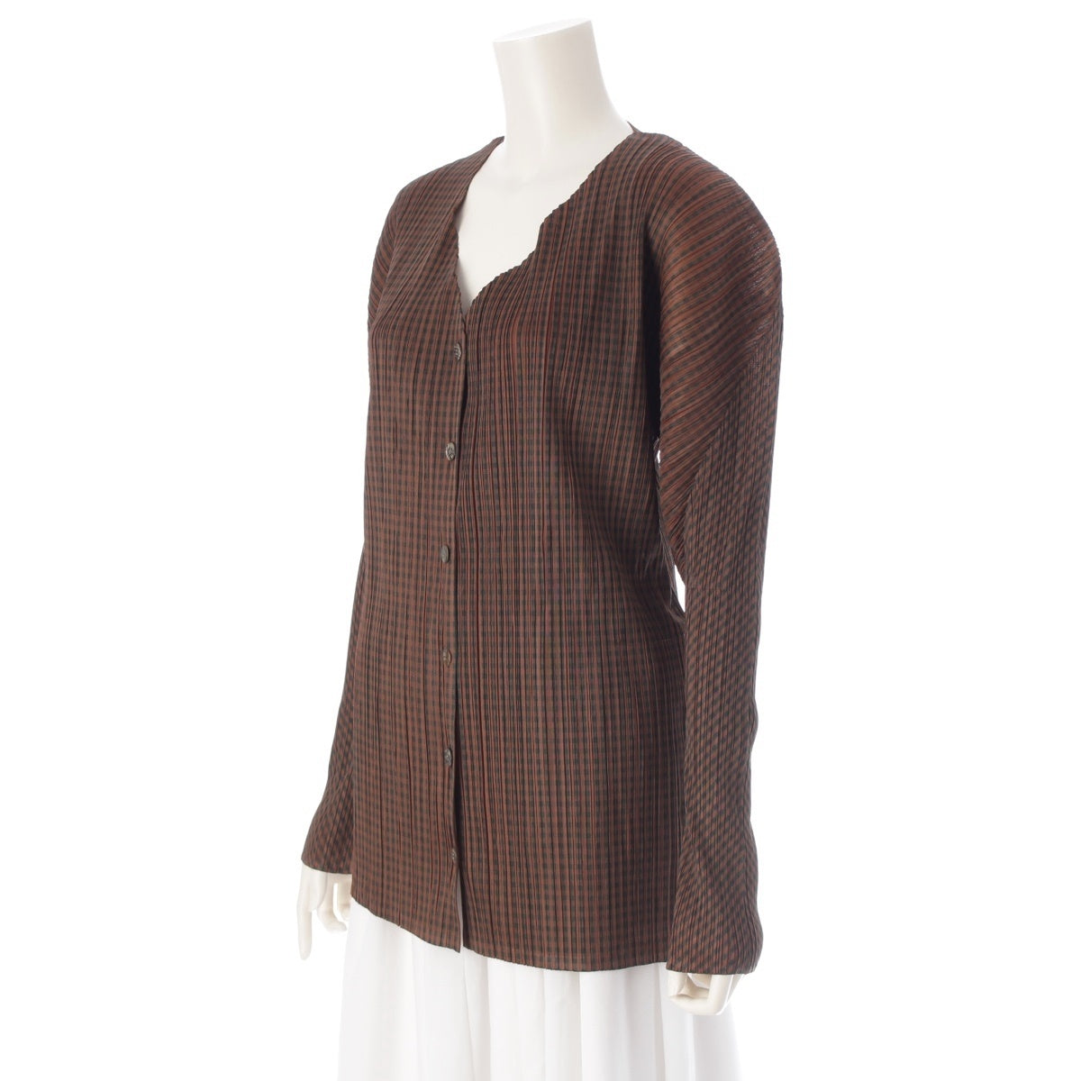 PLEATS PLEASE ISSEY Check Pattern Long Sleeve cardigan tops PP54-JD646 Brown x black 4