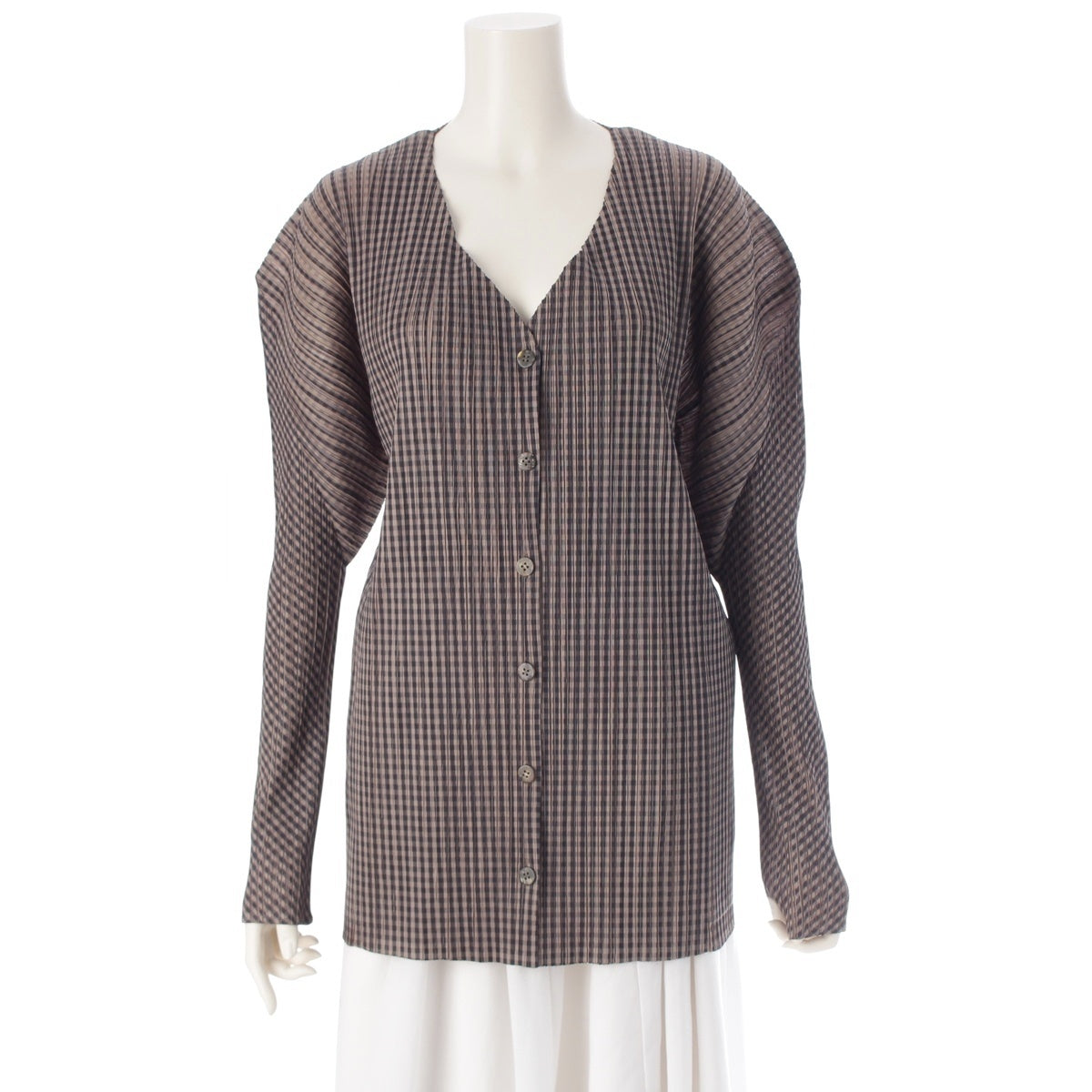 PLEATS PLEASE ISSEY  Check Pattern Long Sleeve cardigan tops PP54-JD646 Beige x black 4