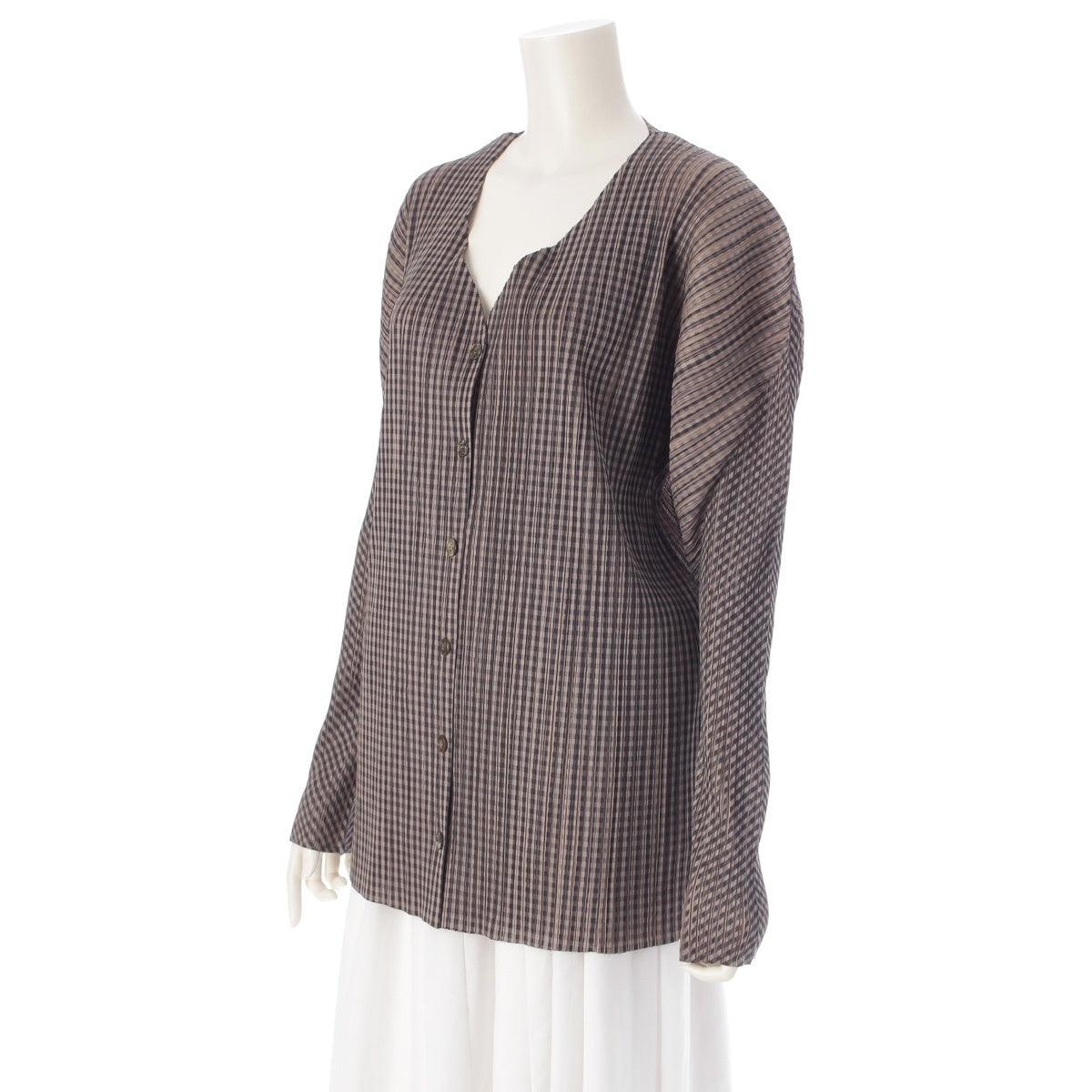 PLEATS PLEASE ISSEY  Check Pattern Long Sleeve cardigan tops PP54-JD646 Beige x black 4