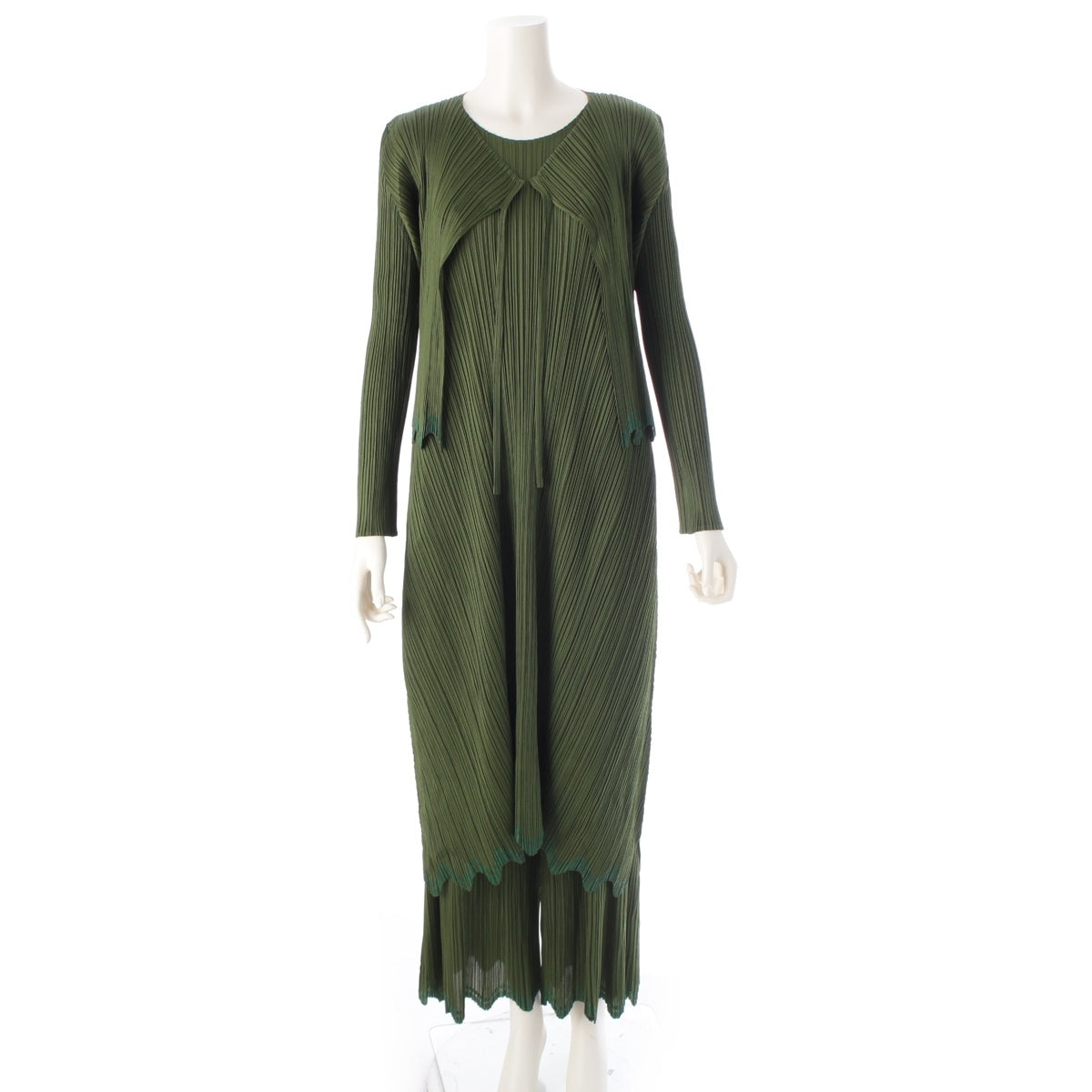 PLEATS PLEASE ISSEY  Line design 3 piece Setup Dress Cardigan Pants PP93-J0642/JH646/JF644 green 3/4