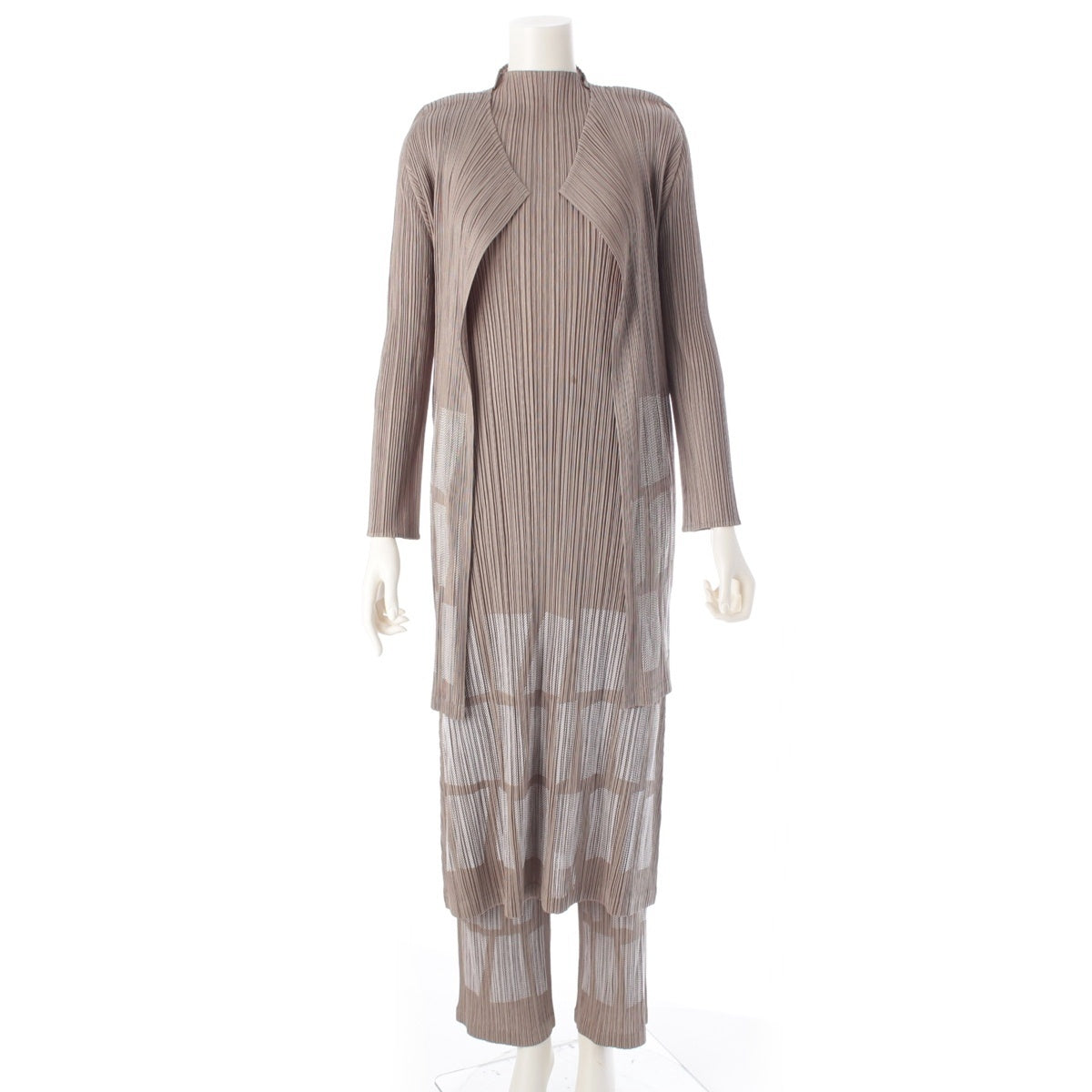 PLEATS PLEASE ISSEY  Geometric Pattern Sleeveless 3 piece Setup Dress Cardigan Pants PP13-JA701/JH704/JF703 Khaki Sage Green 4