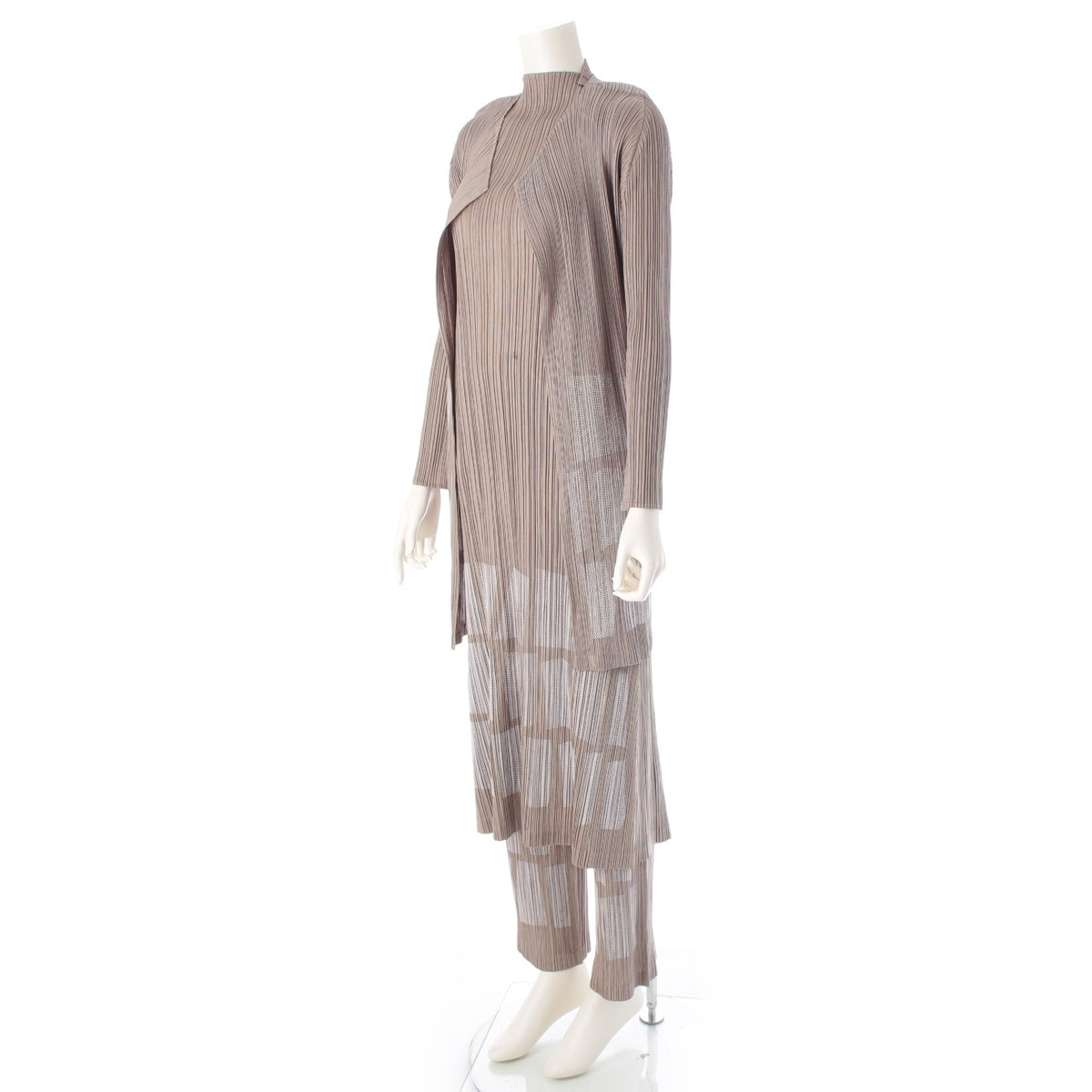 PLEATS PLEASE ISSEY  Geometric Pattern Sleeveless 3 piece Setup Dress Cardigan Pants PP13-JA701/JH704/JF703 Khaki Sage Green 4