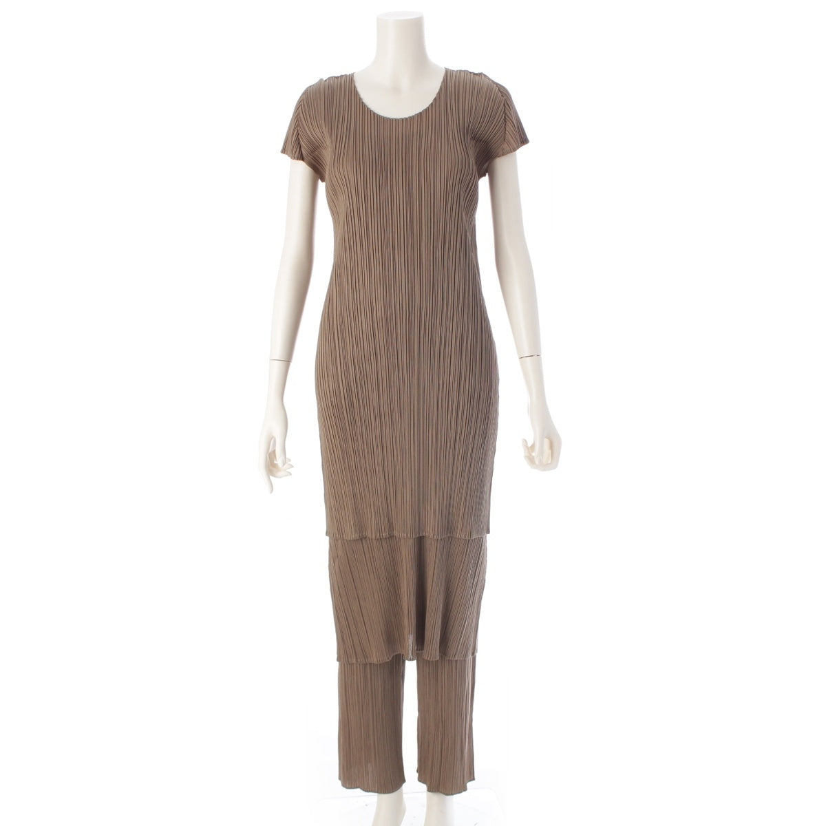 PLEATS PLEASE ISSEY  Layered Sleeveless Short Sleeve Straight 3 piece Setup Dress Cut and sew Pants PP13-JT112/JH107/JF104 khaki 4