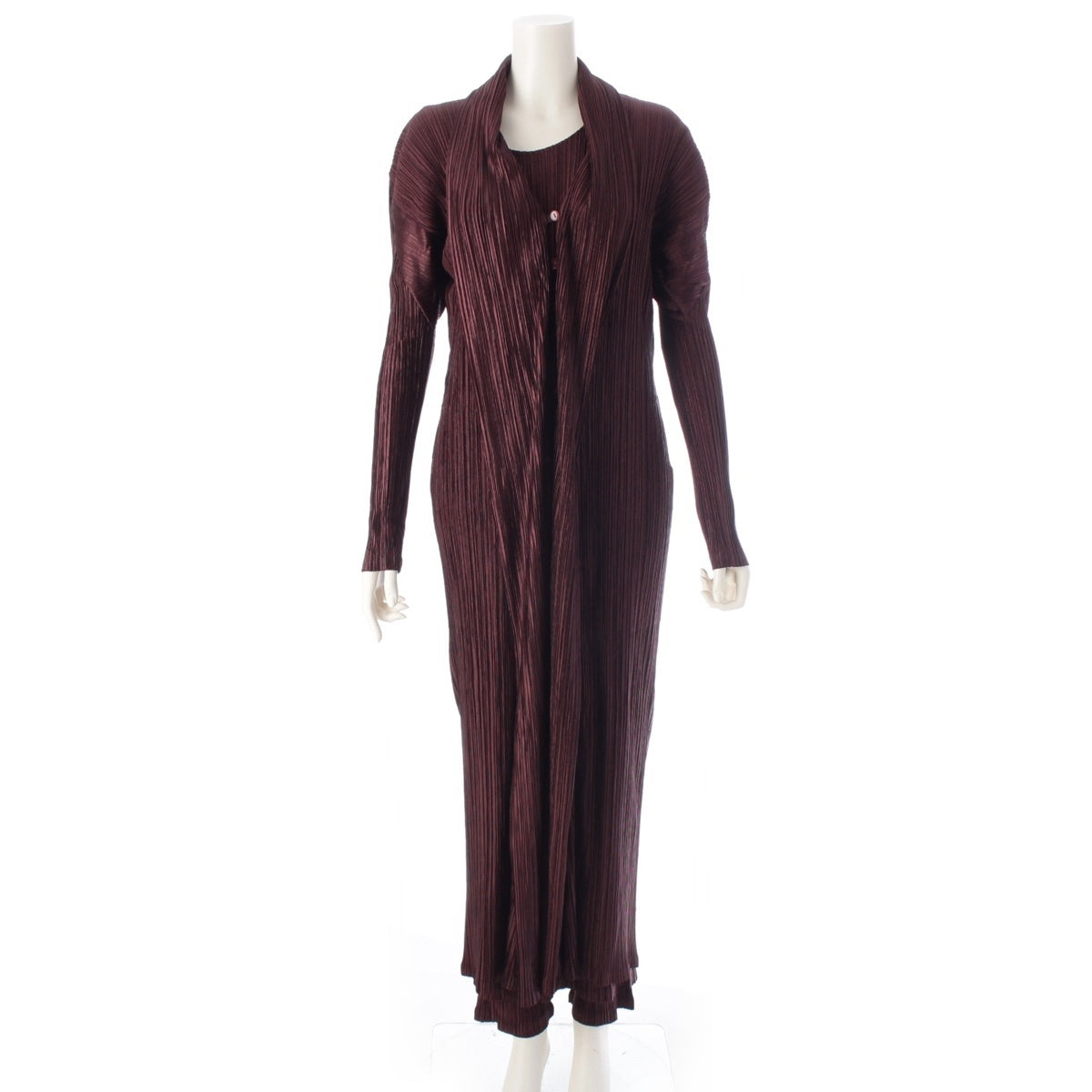 ISSEY MIYAKE Vintage Pleated Design Long 3 piece Setup Cardigan Dress Pants IM82-JA601/JH602/JF601 Dark brown L